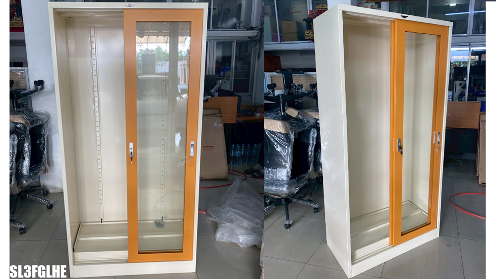 01095::SL3FGLHE::ตู้เอกสารสูงบานเลื่อนกระจกใส ขนาด 3 ฟุต ก914xล457xส1830มม. พร้อมแผ่นชั้นปรับระดับ 3  แผ่น สามารถเลือกได้ทั้งสีมาตรฐานและสีสันพิเศษ ตู้เอกสารเหล็ก อีลิแกนต์