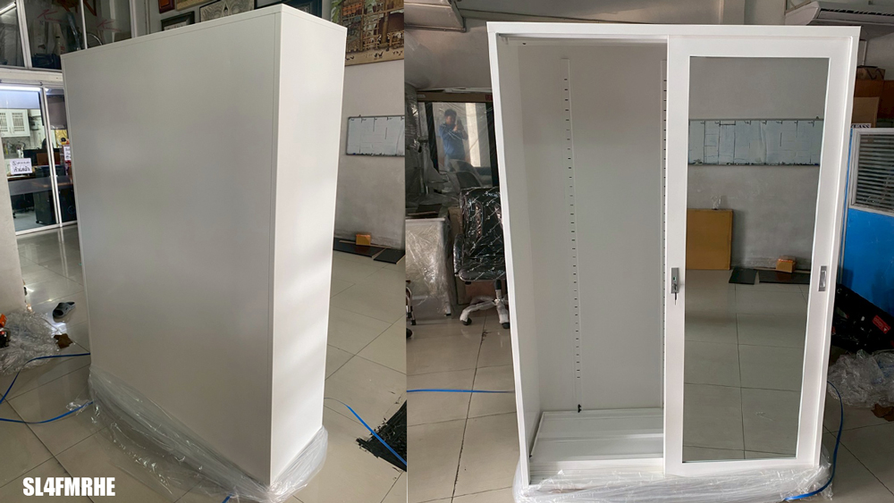 92010::SL4FMRHE::ตู้เอกสารเหล็กบานเลื่อนกระจกเงา ขนาด 4 ฟุต ก1218xล457xส1830มม. พร้อมแผ่นชั้นปรับระดับ 3 แผ่น สามารถเลือกได้ทั้งสีมาตรฐานและสีสันพิเศษ ตู้เอกสารเหล็ก อีลิแกนต์