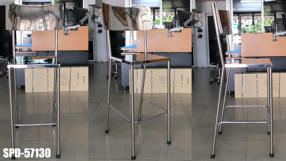 11043::SPD-57130::เก้าอี้สแตนเลส เกรด 304 ทั้งตัว มีพนักพิงหลังขนาด หน้าเก้าอี้ 40x40 ซม. พนักพิงกว้าง 57 ซม. สูงจากพื้นถึงที่นั่ง 80 ซม. สูงจากที่นั่งถึงพนักพิง 50 ซม. รวมสูง 130 ซม. คานที่เหยียบสูงจากพื้น 30 ซม. เอสพีดี เก้าอี้สแตนเลส
