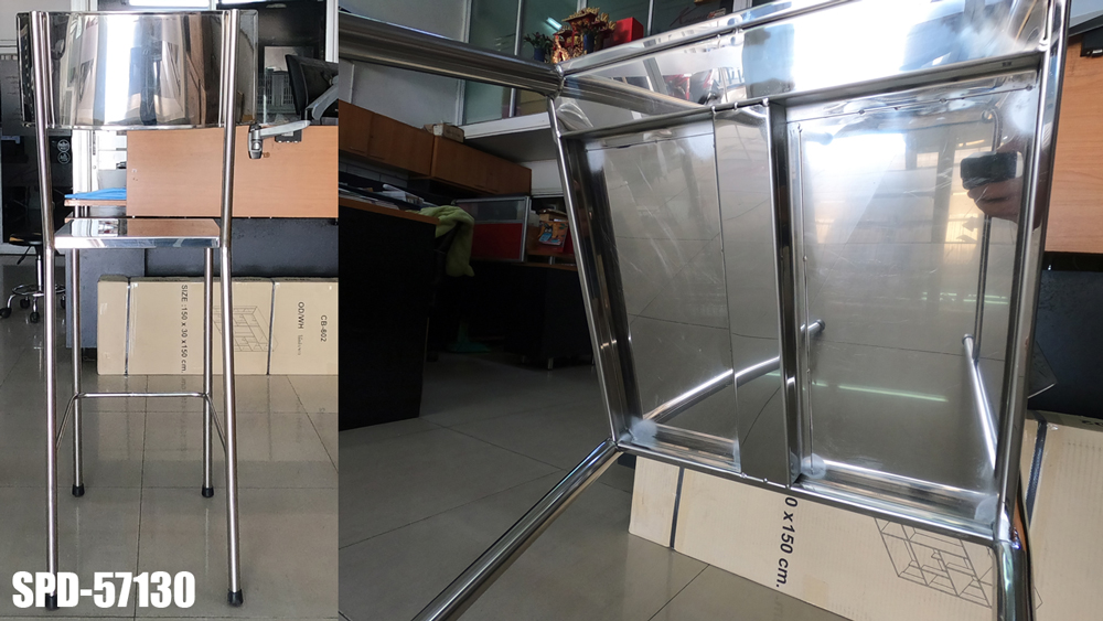 11043::SPD-57130::เก้าอี้สแตนเลส เกรด 304 ทั้งตัว มีพนักพิงหลังขนาด หน้าเก้าอี้ 40x40 ซม. พนักพิงกว้าง 57 ซม. สูงจากพื้นถึงที่นั่ง 80 ซม. สูงจากที่นั่งถึงพนักพิง 50 ซม. รวมสูง 130 ซม. คานที่เหยียบสูงจากพื้น 30 ซม. เอสพีดี เก้าอี้สแตนเลส