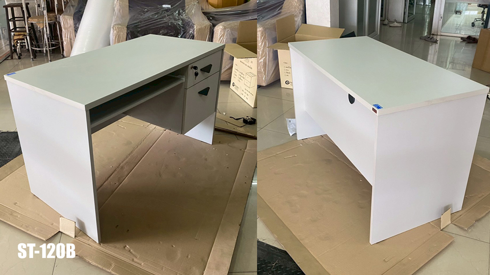 38021::ST-120B,ST-120B75,ST-150B,ST-150B75::โต๊ะทำงาน 2 ลิ้นชัก มีถาดวางคีย์บอร์ด ST-120B(ลึก60ซม.),ST-120B75(ลึก75ซม.),ST-150B(ลึก60ซม.),ST-150B75(ลึก75ซม.) สั่งเมลามินสีอื่นได้ ขนาดเป็นโดยประมาณ บีที โต๊ะสำนักงานเมลามิน