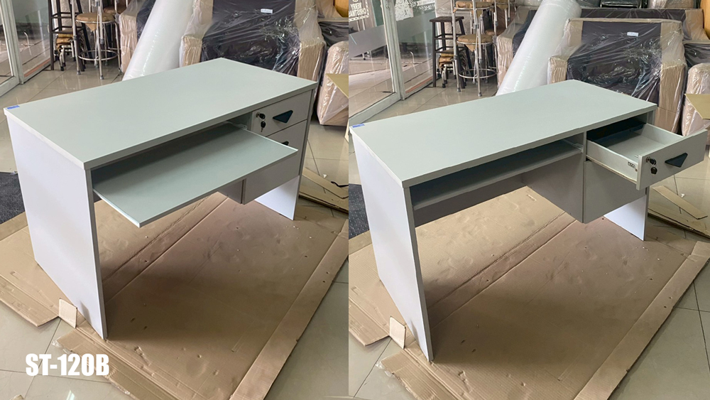 38021::ST-120B,ST-120B75,ST-150B,ST-150B75::โต๊ะทำงาน 2 ลิ้นชัก มีถาดวางคีย์บอร์ด ST-120B(ลึก60ซม.),ST-120B75(ลึก75ซม.),ST-150B(ลึก60ซม.),ST-150B75(ลึก75ซม.) สั่งเมลามินสีอื่นได้ ขนาดเป็นโดยประมาณ บีที โต๊ะสำนักงานเมลามิน