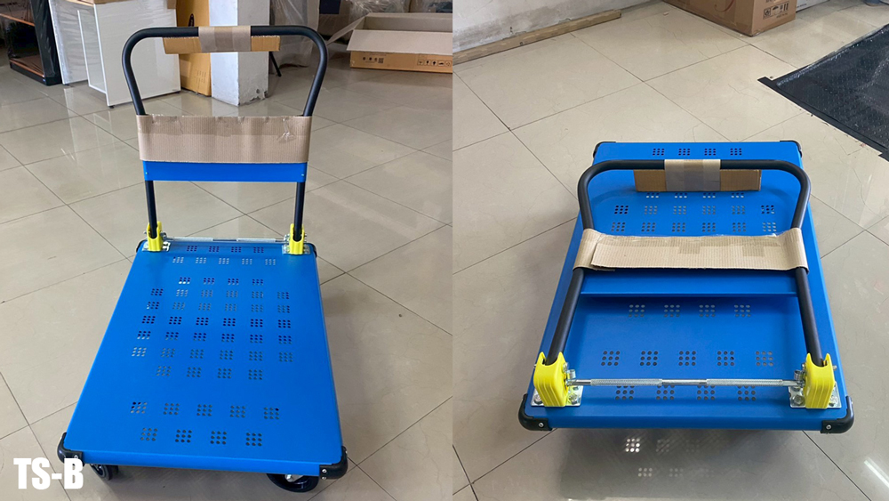 27057::TS-B(รถเข็นพื้นเหล็กพับได้ขนาดใหญ่)::รถเข็นพื้นเหล็กพับได้ขนาดใหญ่ ขนาดโดยรวม ก900xล600xส880มม. มี2สี(สีน้ำเงิน,สีส้ม) พื้นเหล็กแข็งแรง รองรับน้ำหนัก 350 กก. สวยงาม สามารถพับได้ มุมมียางกันชน พื้นและด้ามจับพ่นสีฝุ่น ทนต่อการขีดข่วน ล้อยางตันน้ำหนักเบา เข็นลื่นไม่กินแรง   รถเข็น ซันกิ