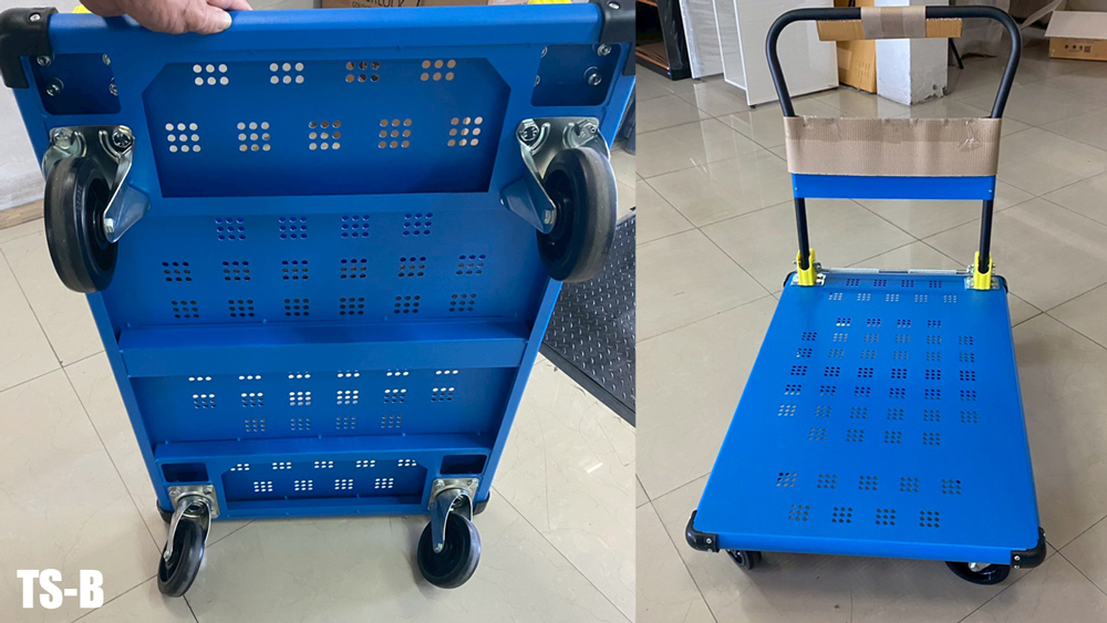 27057::TS-B(รถเข็นพื้นเหล็กพับได้ขนาดใหญ่)::รถเข็นพื้นเหล็กพับได้ขนาดใหญ่ ขนาดโดยรวม ก900xล600xส880มม. มี2สี(สีน้ำเงิน,สีส้ม) พื้นเหล็กแข็งแรง รองรับน้ำหนัก 350 กก. สวยงาม สามารถพับได้ มุมมียางกันชน พื้นและด้ามจับพ่นสีฝุ่น ทนต่อการขีดข่วน ล้อยางตันน้ำหนักเบา เข็นลื่นไม่กินแรง   รถเข็น ซันกิ