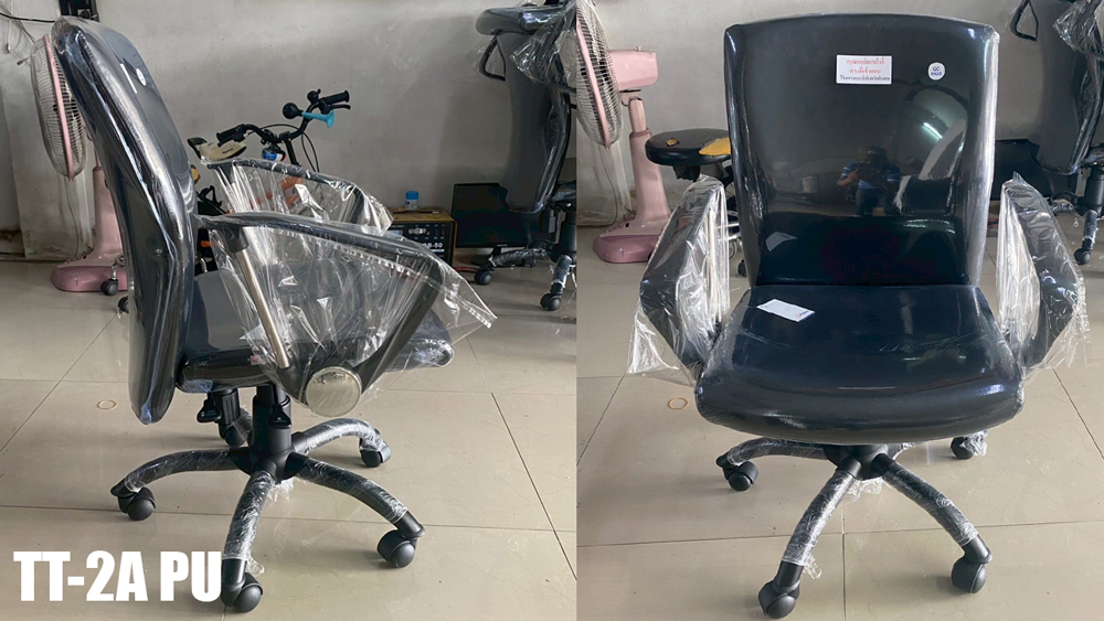 54022::TT-2A::An Asahi TT-2A series office chair with backrest tilting mechanism, padded arms and black metal base. 3-year warranty for the frame of a chair under normal application and 1-year warranty for the plastic base and accessories. Dimension (WxDxH) cm : 60x62x91. Available in 3 seat styles: PVC leather, PU leather and Cotton.