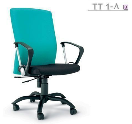 02078::TT-1A::An Asahi TT-1A series office chair with backrest tilting mechanism, padded arms and black metal base. 3-year warranty for the frame of a chair under normal application and 1-year warranty for the plastic base and accessories. Dimension (WxDxH) cm : 60x63x101. Available in 3 seat styles: PVC leather, PU leather and Cotton.