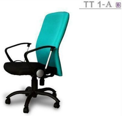 02078::TT-1A::An Asahi TT-1A series office chair with backrest tilting mechanism, padded arms and black metal base. 3-year warranty for the frame of a chair under normal application and 1-year warranty for the plastic base and accessories. Dimension (WxDxH) cm : 60x63x101. Available in 3 seat styles: PVC leather, PU leather and Cotton.