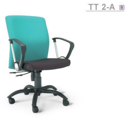 65043::TT-2A::An Asahi TT-2A series office chair with backrest tilting mechanism, padded arms and black metal base. 3-year warranty for the frame of a chair under normal application and 1-year warranty for the plastic base and accessories. Dimension (WxDxH) cm : 60x62x91. Available in 3 seat styles: PVC leather, PU leather and Cotton.