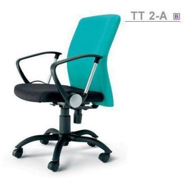 65043::TT-2A::An Asahi TT-2A series office chair with backrest tilting mechanism, padded arms and black metal base. 3-year warranty for the frame of a chair under normal application and 1-year warranty for the plastic base and accessories. Dimension (WxDxH) cm : 60x62x91. Available in 3 seat styles: PVC leather, PU leather and Cotton.