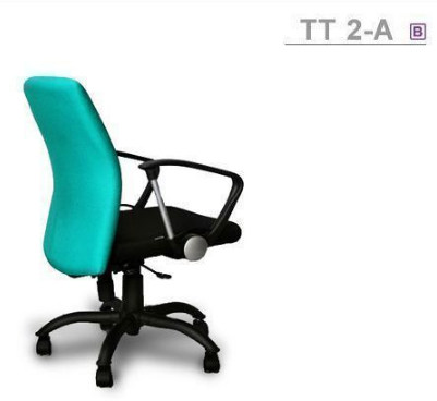 65043::TT-2A::An Asahi TT-2A series office chair with backrest tilting mechanism, padded arms and black metal base. 3-year warranty for the frame of a chair under normal application and 1-year warranty for the plastic base and accessories. Dimension (WxDxH) cm : 60x62x91. Available in 3 seat styles: PVC leather, PU leather and Cotton.