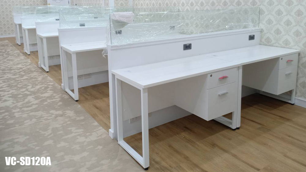 51003::VC-SD120A (ขาวล้วน)::โต๊ะทำงานขาเหล็ก ขนาดโต๊ะ ก120 *ล60*ส75 ซม.  ท๊อป 25 มิล เอทท๊อป 2 มิล ลิ้นชัก. 42 ซม.  ขาโต๊ะ2 * 1 นิ้ว ขาเหล็กพ่นสี บังตาไม้ วีซี โต๊ะทำงาน