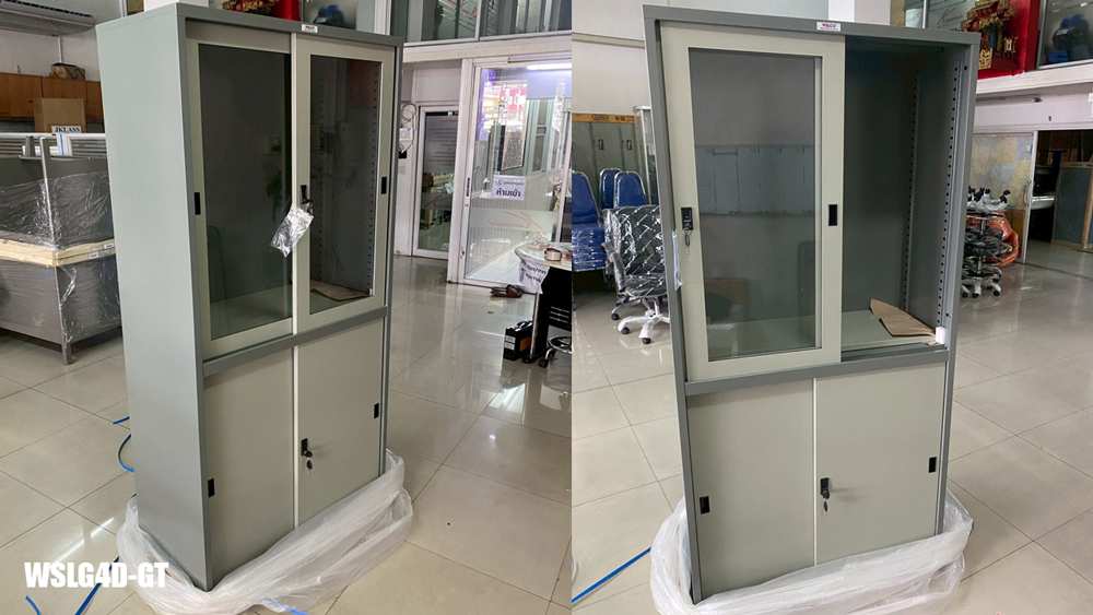 95044::WSLG4D-GT(สีธรรมดา)::ตู้บานเลื่อน2ชั้น บนบานกระจก ล่างบานทึบ ขนาด ก917xล458xส1850 มม.  เพรสซิเด้นท์ ตู้เอกสารเหล็ก