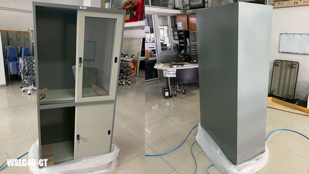 95044::WSLG4D-GT(สีธรรมดา)::ตู้บานเลื่อน2ชั้น บนบานกระจก ล่างบานทึบ ขนาด ก917xล458xส1850 มม.  เพรสซิเด้นท์ ตู้เอกสารเหล็ก