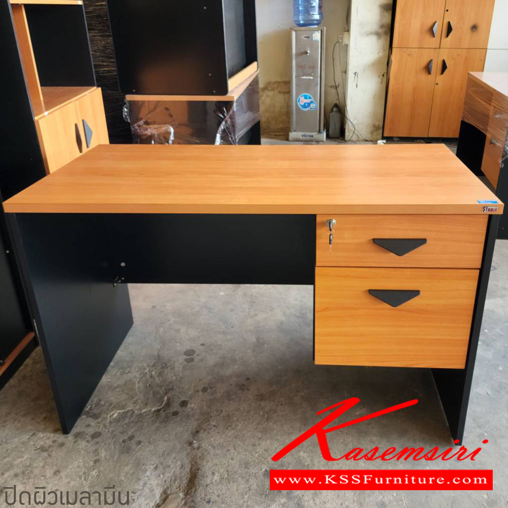 96070::ST120A::A BT melamine office table with 2 drawers. Dimension (WxDxH) cm : 120x60x75. Available in Beech-Black and Cherry-Black BT Melamine Office Tables