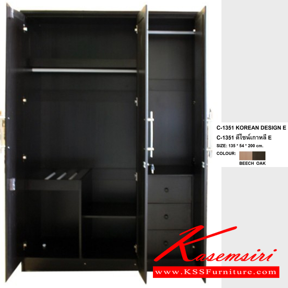 50056::C-1351 KOREAN E::ตู้เสื้อผ้า 135 ซม. (เกาหลี) บานเกาหลีซ้าย-ขวา บานกระจกตรงกลาง ขนาด 1350x540x2000มม.สีวอลนัท,สีโอ๊ค,สีขาว ดีดี ตู้เสื้อผ้า-บานเปิด
