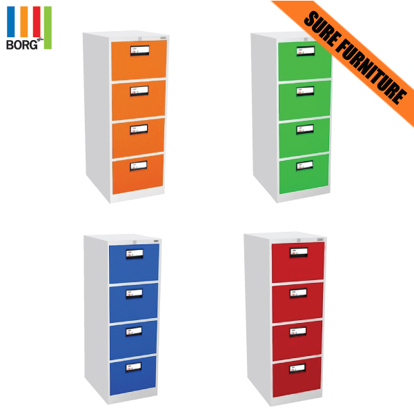 53009::CFC-204::A Sure steel cabinet with 4 drawers and key-locks. Dimension (WxDxH) cm : 46.1x62x132. Available in Orange, Green, Blue and Red Metal Cabinets