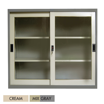 85094::SLG-03::ตู้บานเลื่อนกระจก 3 ฟุต ขนาด ก880xล407x880 มม. สีครีม,สีเทาสลับ ชัวร์ ตู้เอกสารเหล็ก