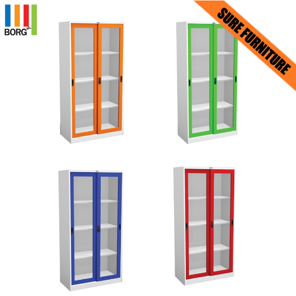 71054::CLK-4::A Sure steel cabinet with sliding glass doors. Dimension (WxDxH) cm : 91.4x45.7x182.9. Available in Orange, Green, Blue and Red Metal Cabinets