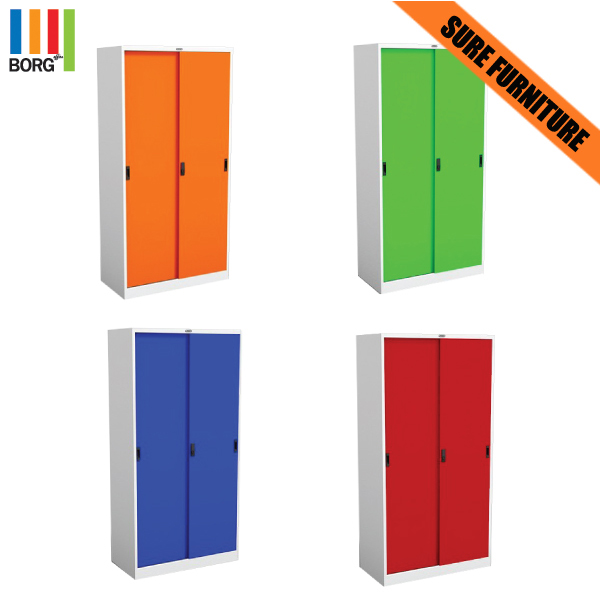 75026::CLK-5::A Sure steel cabinet with sliding doors. Dimension (WxDxH) cm : 91.4x45.7x182.9. Available in Orange, Green, Blue and Red Metal Cabinets