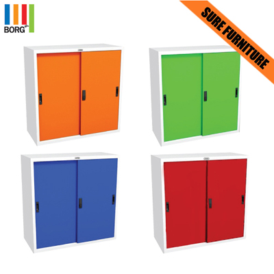 77006::CSL-03-04::A Sure steel cabinet with sliding doors. Dimension (WxDxH) cm : 88x40.7x88/118.5x40.7x88. Available in Orange, Green, Blue and Red Metal Cabinets SURE Steel Cabinets