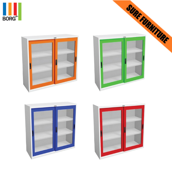 82083::CSLG-03-04::A Sure steel cabinet with sliding glass doors. Dimension (WxDxH) cm : 88x40.7x88/118.5x40.7x88. Available in Orange, Green, Blue and Red Metal Cabinets SURE Steel Cabinets