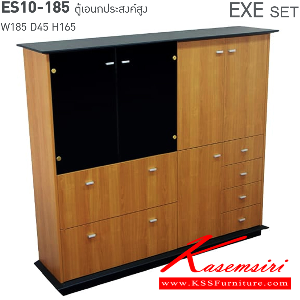 00071::ES10-185::An Itoki cabinet with 3 swing doors, double swing glass doors and 6 drawers. Dimension (WxDxH) cm : 185x45x165. Available in Cherry-Black
