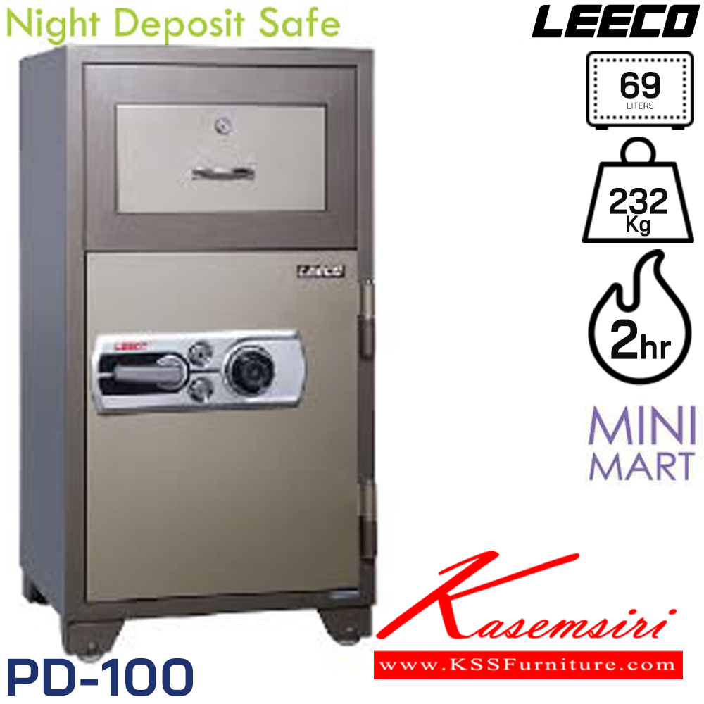 72098::PD-100::ตู้นิรภัยสำหรับมินิมาร์ท และ ปั้มน้ำมัน แบบ 1กุญแจ(ลิ้นชัก) 2กุญแจ(ประตู)พร้อมรหัสหมุน น้ำหนัก 232 กิโล ขนาดภายนอก 590x587x1116 มม. ขนาดภายใน 450x355.5x432 มม. ความจุ 69 LITERS ทนไฟได้ 2 hrs. ตู้เซฟ Leeco ลีโก้ ตู้เซฟ