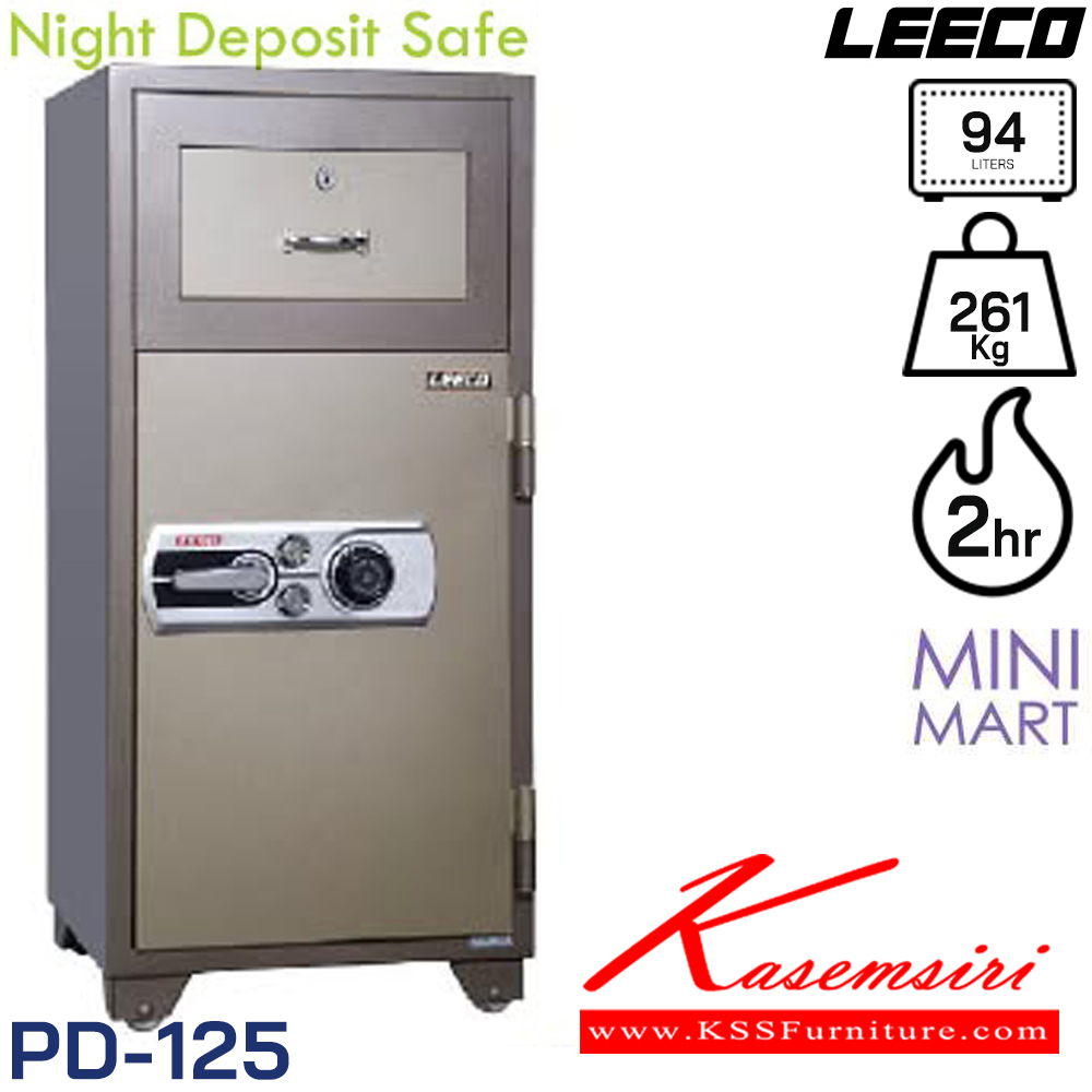 29080::PD-125::ตู้นิรภัยสำหรับมินิมาร์ท และ ปั้มน้ำมัน แบบ 1กุญแจ(ลิ้นชัก) 2กุญแจ(ประตู)พร้อมรหัสหมุน น้ำหนัก 261 กิโล ขนาดภายนอก 590x587x1276 มม. ขนาดภายใน 450x355x592 มม. ความจุ 94 LITERS ทนไฟได้ 2 hrs. ตู้เซฟ Leeco ลีโก้ ตู้เซฟ