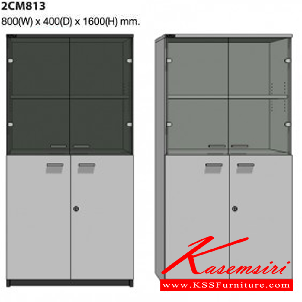 61088::2CM813::A Mo-Tech cabinet with upper double swing glass doors and lower double swing doors. Dimension (WxDxH) cm : 80x40x160. Available in 3 colors: Light Grey, Cherry-Dark Grey and Whitewood-Dark Grey