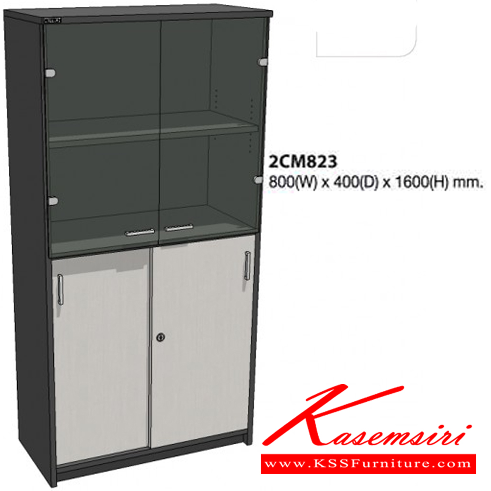86081::2CM823::A Mo-Tech cabinet with upper double swing glass doors and lower sliding doors. Dimension (WxDxH) cm : 80x40x160. Available in 3 colors: Light Grey, Cherry-Dark Grey and Whitewood-Dark Grey