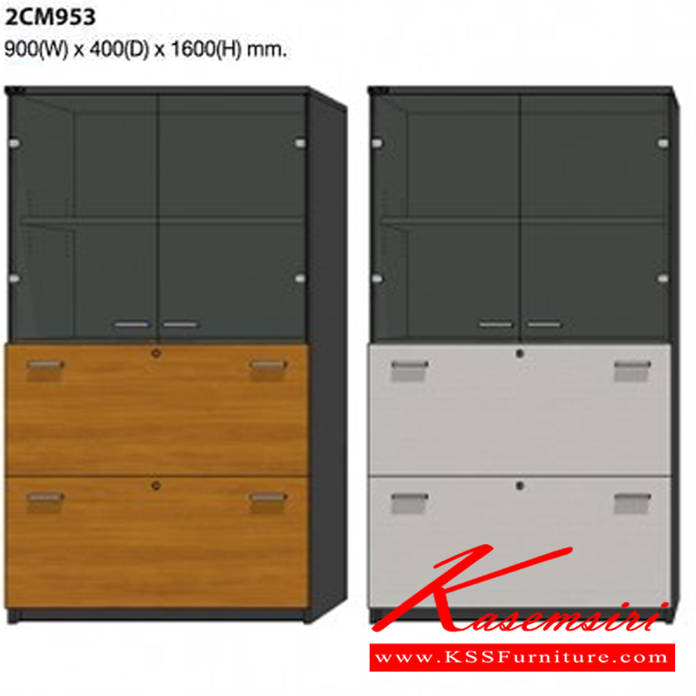 87017::2CM953::ตู้เอกสารบนโล่ง กลางบานเปิดกระจก ล่าง2ลิ้นชัก(2ชั้นบนแผ่นชั้นสีเดียวกับโครงตู้)ขนาด900X400X1600มม. ตู้เอกสาร-สำนักงาน MO-TECH 