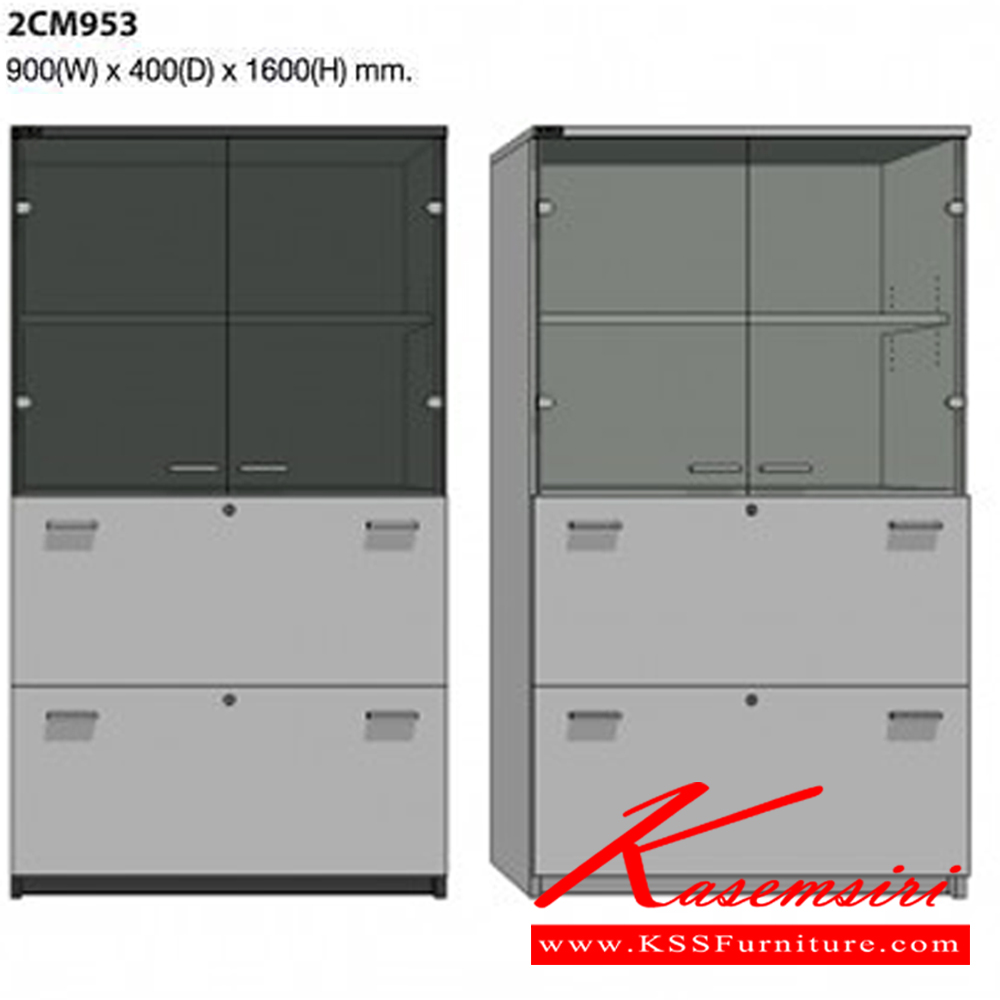87017::2CM953::ตู้เอกสารบนโล่ง กลางบานเปิดกระจก ล่าง2ลิ้นชัก(2ชั้นบนแผ่นชั้นสีเดียวกับโครงตู้)ขนาด900X400X1600มม. ตู้เอกสาร-สำนักงาน MO-TECH 