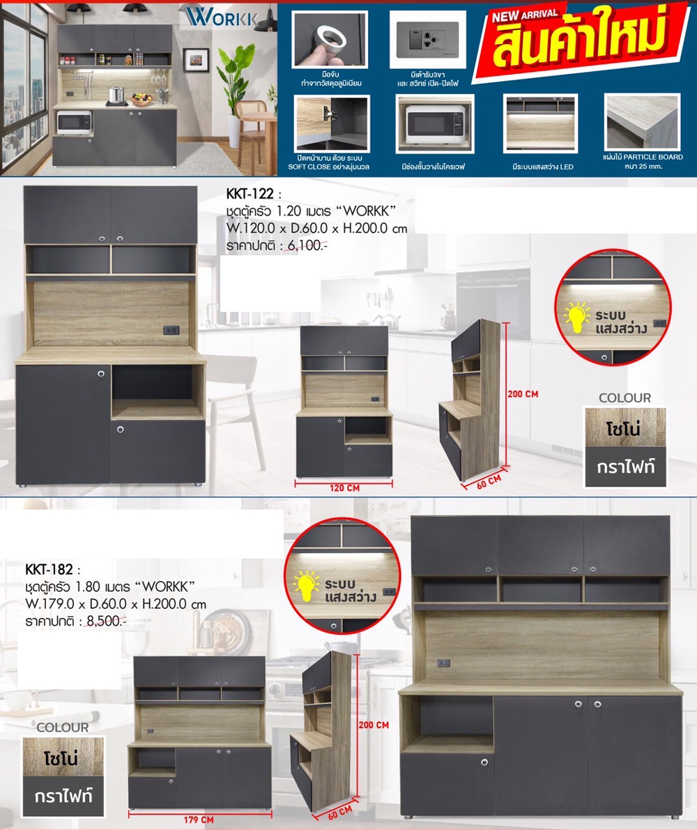 74028::KKT-182::ชุดตู้ครัว 1.80 M. WORKK ขนาด  W180.0x D60.0x H200.0 cm. สีโซโน่-กราไฟท์ เวิร์ค ตู้ครัวไม้