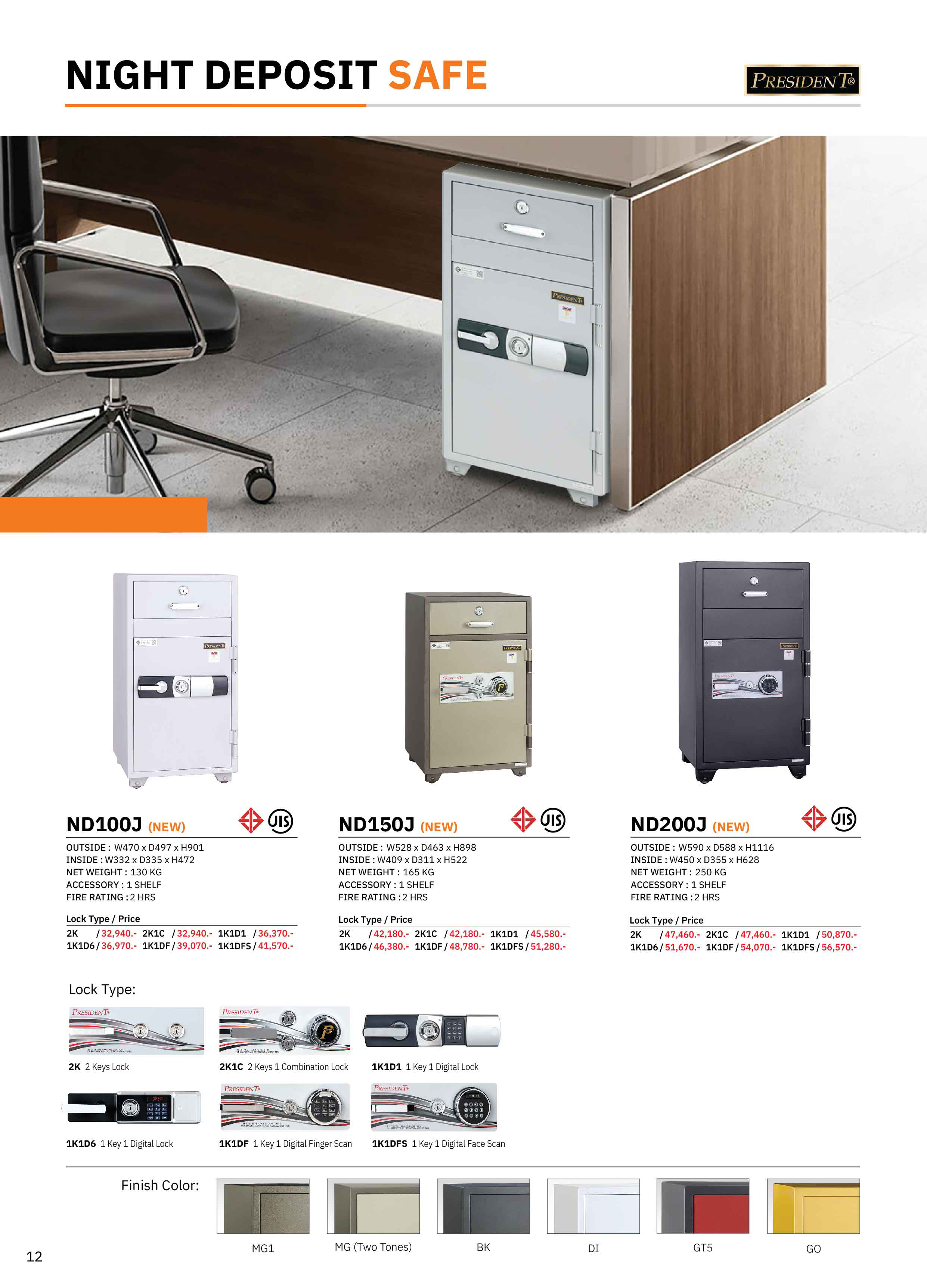 70029::ND150J::ตู้นิรภัย ตู้เซฟ รุ่น ND150J น้ำหนัก 165 กิโลกรัม ขนาดภายนอก 528x463x898 มม. ขนาดภายใน 409x331x522 มม. เลือกได้6สี(MG1,MG Two Tones,BK,DI,GT5,GO) เพรสซิเด้นท์ ตู้เซฟ