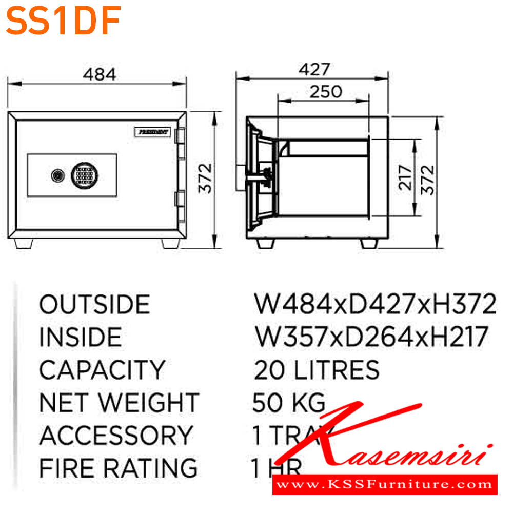 89013::SS1DF::ตู้นิรภัยรหัสดิจิตอล แสกนนิ้วมือ 2 กลอน รุ่น SS1DF น้ำหนัก 50 กิโลกรัม ขนาดภายนอก 484x427x372 มม. ขนาดภายใน 357x264x217 มม. เพรสซิเด้นท์ ตู้เซฟ