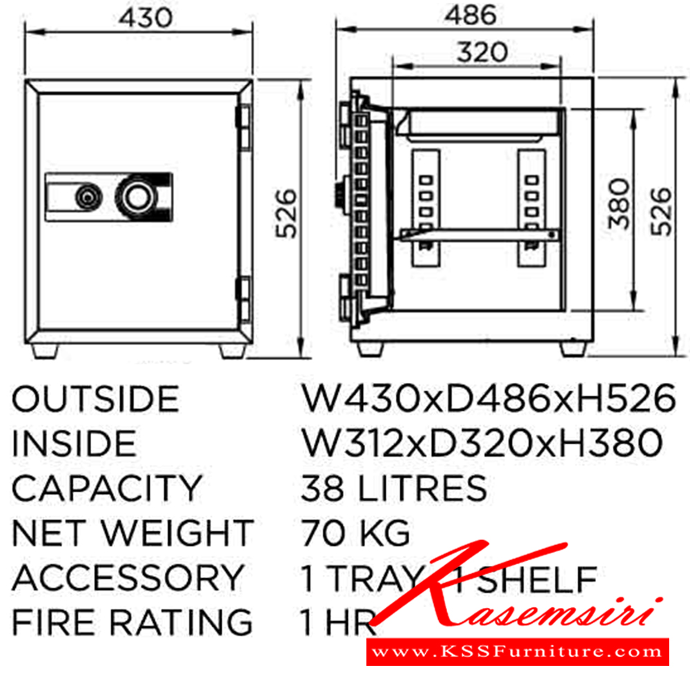 01003::SS70::ตู้นิรภัยรหัสหมุน รุ่น SS70 น้ำหนัก 70 กิโลกรัม ขนาดภายนอก 430x486x526 มม. ขนาดภายใน 312x320x380 มม. เพรสซิเด้นท์ ตู้เซฟ