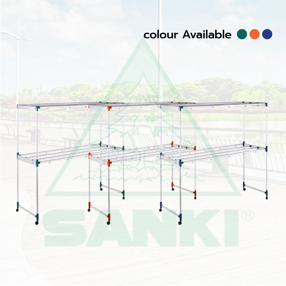 21041::HRA-15008::A Sanki aluminium hanging rail with movable loops provided for hangers. Dimension (WxDxH) cm. : 60x150x162 Weight : 6.01 kgs. Available in 3 colors: Green, Blue and Orange.