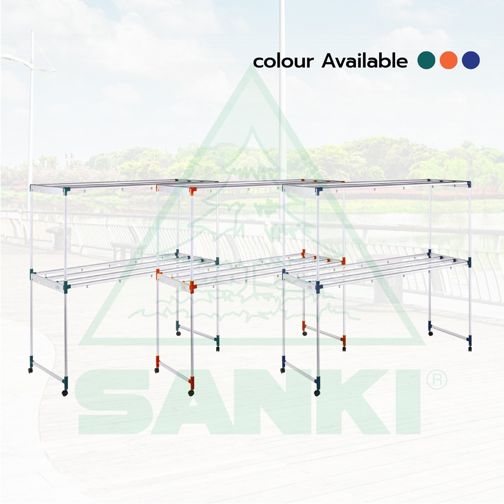 09004::HRA-20008::A Sanki aluminium hanging rail with movable loops provided for hangers. Dimension (WxDxH) cm. : 70x200x162 Weight : 7.26 kgs. Available in 3 colors: Green, Blue and Orange.