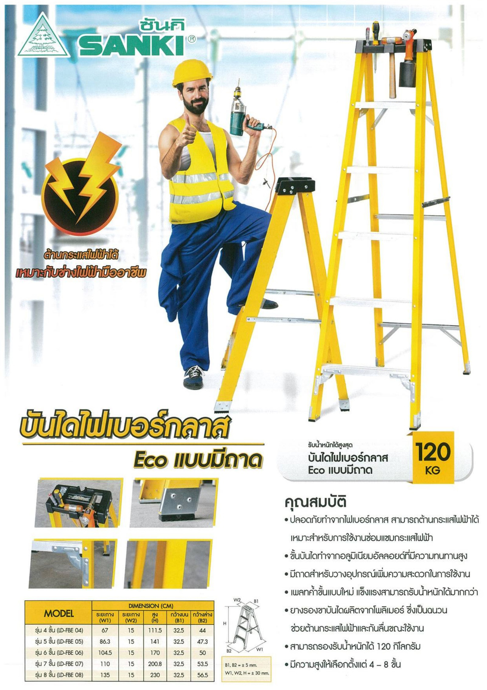 33087::LD-FBE(บันไดไฟเบอร์กลาส Eco แบบมีถาด)::FIBERGLASS LADDER บันไดไฟเบอร์กลาส Eco แบบมีถาด  LD-FBE04(4ฟุต),LD-FBE05(5ฟุต),LD-FBE06(6ฟุต),LD-FBE07(7ฟุต),LD-FBE08(ฟุต)รอรับน้ำหนัก 120กก. ต้านกระแสไฟได้ ขายางโพลิเมอร์กันกระแสไฟและกันลื้น มีถาดสำหรับวางอุปกรณ์ ซันกิ บันไดอลูมิเนียม