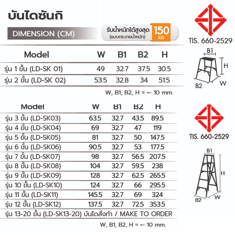 87088::LD-SK::บันไดอลูมิเนียม รุ่น ซันกิ ขึ้นทางเดียว ขนาด  1-20 ฟุต มี มอก. รองรับน้ำหนัก 150 กก. พร้อมยางรองโพลิเมอร์กันลื่นและกันกระแสไฟ ซันกิ บันไดอลูมิเนียม