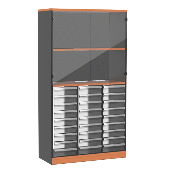 15016::SCM-963::A Sure cabinet with upper double swing glass doors and lower drawers. Dimension (WxDxH) cm : 85x40x160