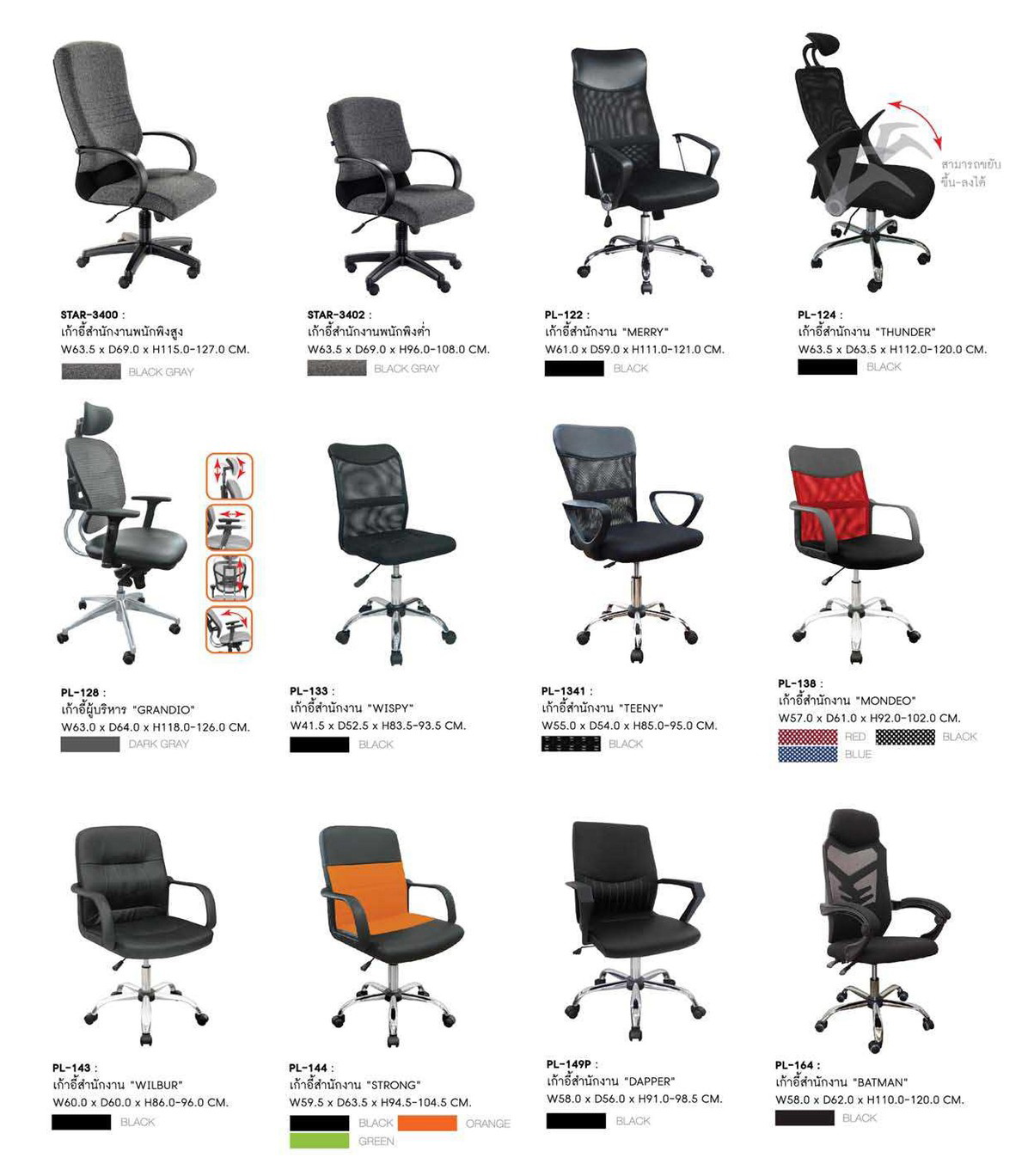 21040::PL-124::เก้าอี้สำนักงาน THUNDER ขนาด ก635xล635xส1100-1180 มม. สีดำ เก้าอี้สำนักงาน SURE