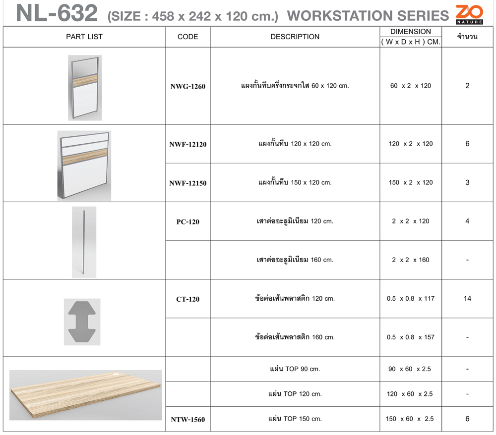 57056::NL-632::ชุดโต๊ะทำงาน 6 ที่นั่ง ขนาด ก4580xล2420xส1200 มม. ท๊อปปิดผิวเมลามีนลายไม้ธรรมชาติ ชัวร์ ชุดโต๊ะทำงาน