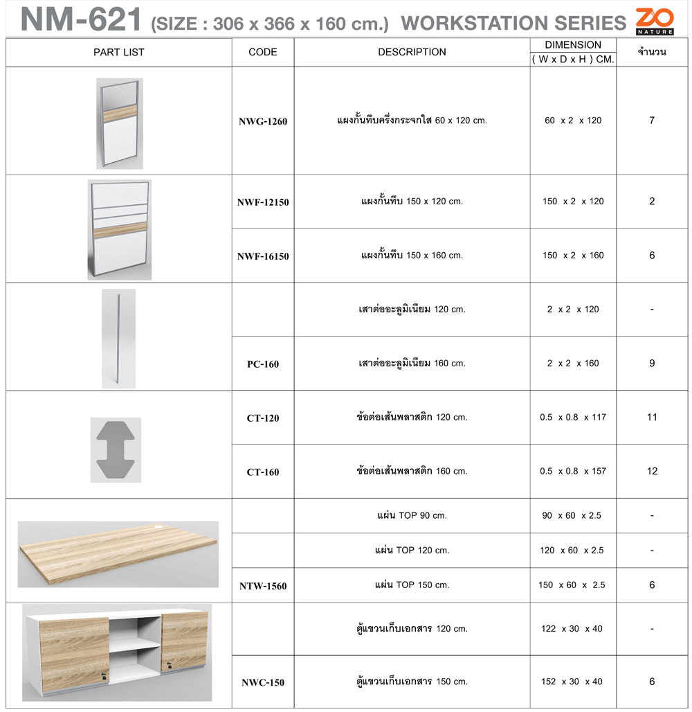 41086::NM-621::ชุดโต๊ะทำงาน 6 ที่นั่ง ใช้ไม้150ซม. พร้อมตู้ลอย ขนาด ก3060xล3660xส1600 มม. ท๊อปปิดผิวเมลามีนลายไม้ธรรมชาติ ชัวร์ ชุดโต๊ะทำงาน