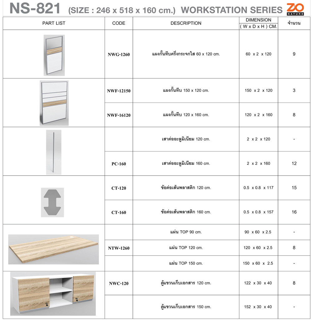 70024::NS-821::ชุดโต๊ะทำงาน 8 ที่นั่ง แผ่นโต๊ะ120ซม. พร้อมตู้ลอย ขนาด ก5180xล2460xส1600 มม. ท๊อปปิดผิวเมลามีนลายไม้ธรรมชาติ ชัวร์ ชุดโต๊ะทำงาน