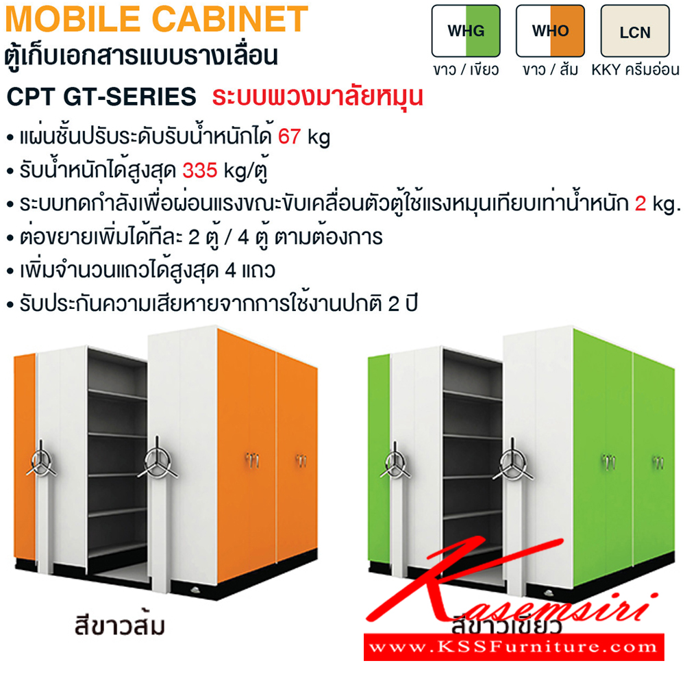 47007::CPT-405::ตู้เอกสารรางเลื่อนมือจับพวงมาลัยหมุน สามารถรับน้ำหนักได้สูง 75 กก./ชั้น โครงสร้างตู้แผ่นเหล็ก SPCC หนา 0.7 มม. รุ่น CPT-405 ประกอบด้วยตู้รางเลื่อนเดี่ยว 4 ตู้ ตู้รางเลื่อนคู่ 8 ตู้ 4 แถว ขนาด กว้าง2540Xลึง4880Xสูง2250 มม.มี 3 สี เขียวขาว,ส้มขาว,ครีมอ่อน  