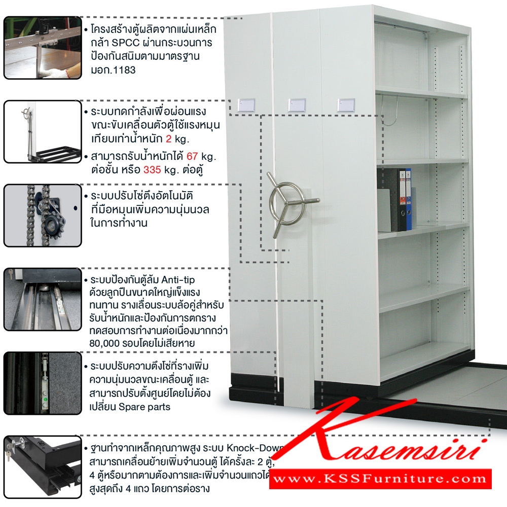 21061::CPT-307::ตู้เอกสารรางเลื่อนมือจับพวงมาลัยหมุน สามารถรับน้ำหนักได้สูง 75 กก./ชั้น โครงสร้างตู้แผ่นเหล็ก SPCC หนา 0.7 มม. รุ่น CPT-307 ประกอบด้วยตู้รางเลื่อนเดี่ยว 3 ตู้ ตู้รางเลื่อนคู่ 9 ตู้ 3 แถว ขนาด กว้าง3180Xลึง3660Xสูง2250 มม.มี 3 สี เขียวขาว,ส้มขาว,ครีมอ่อน  