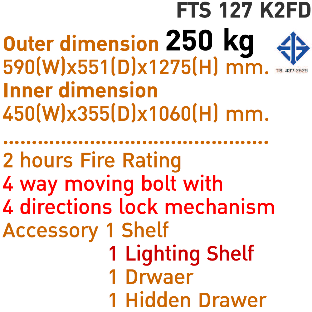 49024::FTS127K2FD::ตู้เซฟสแกนนิ้วมือ กล่องถ่านอยู่ภายนอก มอก. ตู้นิรภัยชนิดกันไฟ น้ำหนัก 250 KG. เปิด-ปิดด้วยกุญแจ2ดอกพร้อมกัน กดปุ่มดิจิตอล ป้องกันการปลอมแปลงกุญแจ ขนาดภายในตู้เซฟ ก590xล551xส1275 มม. ขนาดภายนอกตู้เซฟ ก450xล355xส1060 มม. สีRBW,สีBKRB ไทโย ตู้เซฟ