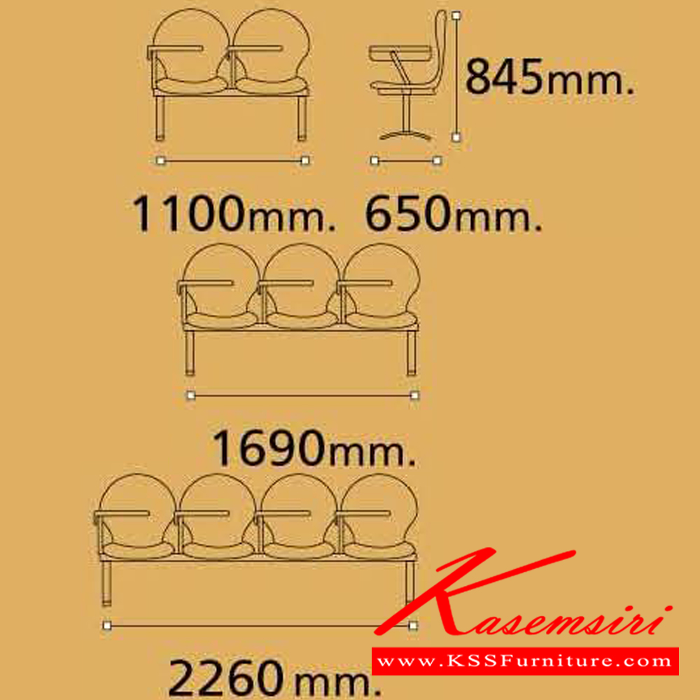 38010::VC-678::A VC lecture hall chair for 2/3/4 persons with non-covered seat.