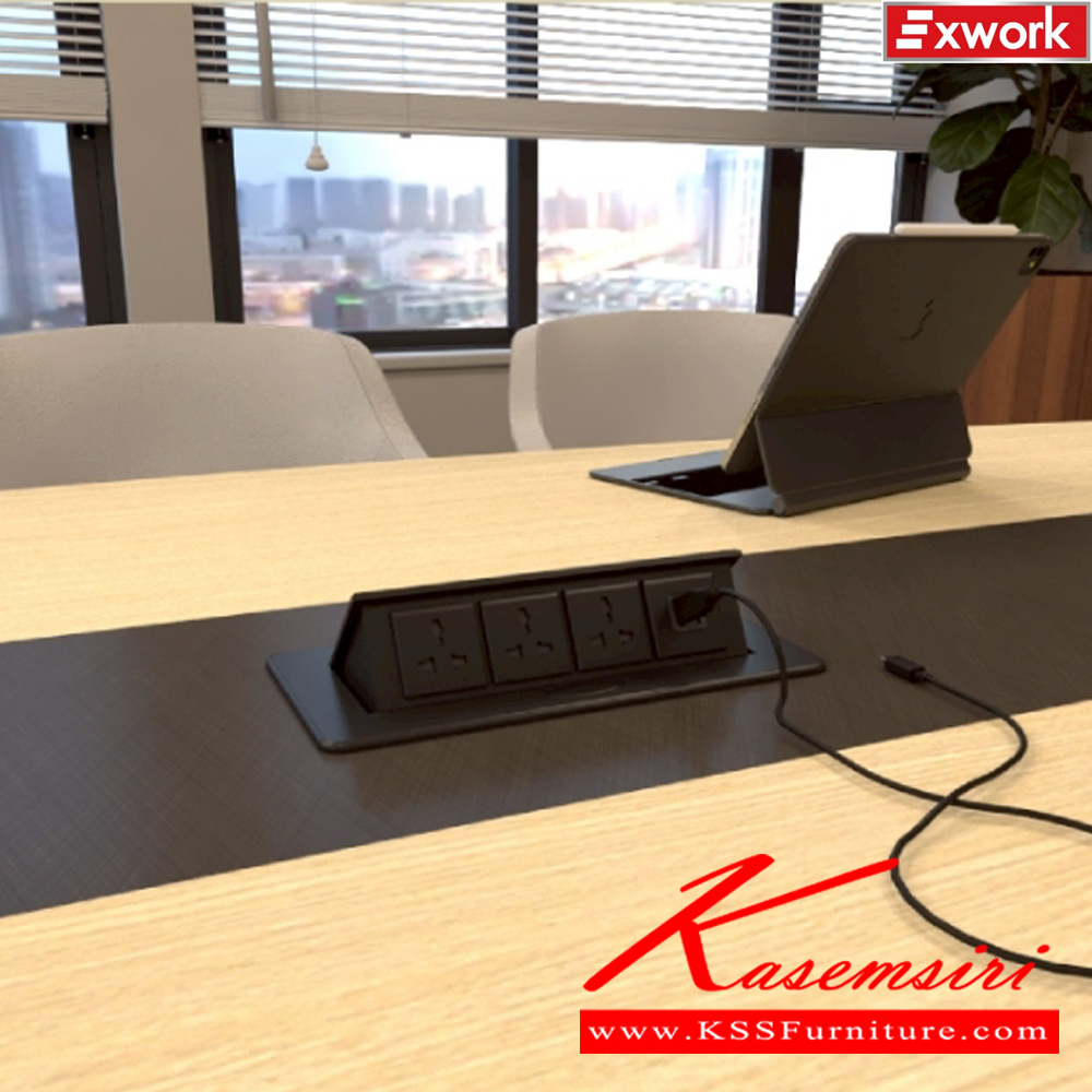 68980086::EMT-241(ดาร์คช็อค)::โต๊ะประชุม 6-8 ที่นั่ง ขนาด 2400x1200x750 มม.SPEC:MALAMINE ทั้งตัว สีดาร์คเกรย์ดาร์คช็อคฟอสซิลค์(DgDcFs)แผ่นท็อปโต๊ะหนา3.8ซม.บอดี้ไม้หนา2.5ซม.กล่องปลั๊กไฟสีดำด้าน Popup3รู พร้อมอุปกรณ์เสริมแหล่งจ่ายไฟ USB คู่ 220V เอ็กซ์ซีเอฟ โต๊ะประชุม